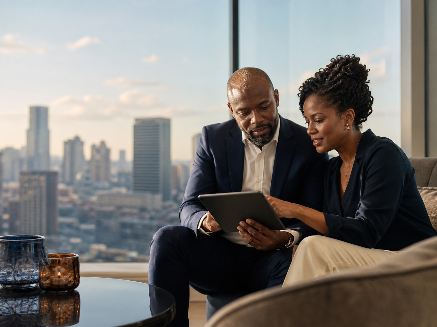 Two people reviewing global investment options in a city setting