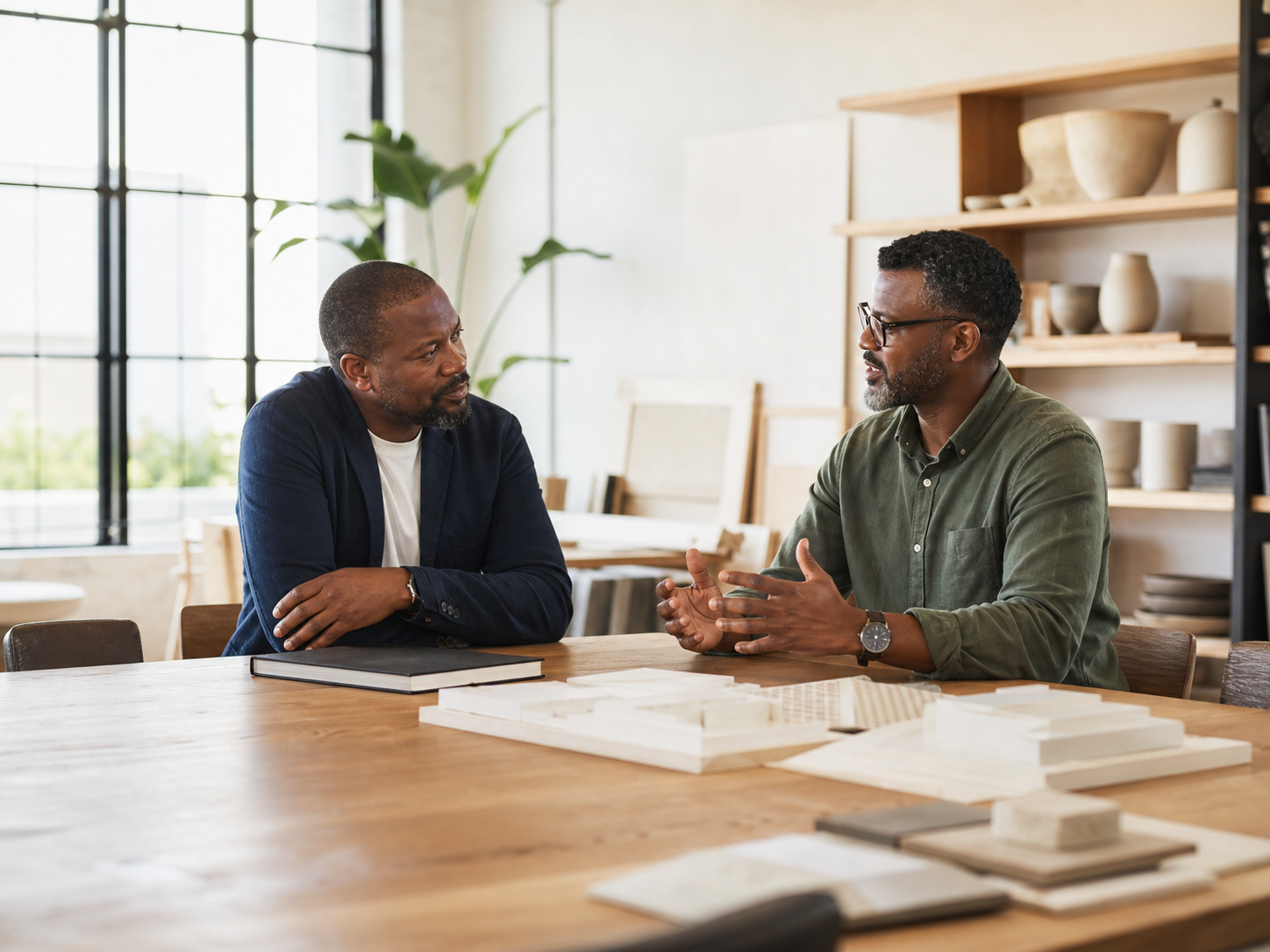 Two entrepreneurs discussing long-term business plans